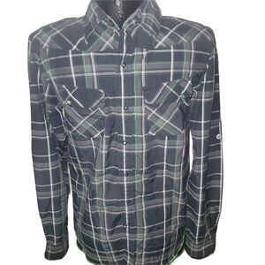 Oakley Men's Black and Green Plaid Snap Button-Up Shirt Size S